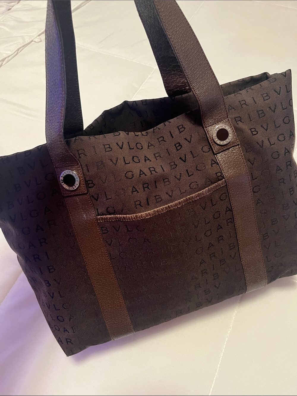 Bvlgari Logomania Dark Brown Canvas & Leather Tote EUC Retail $1200